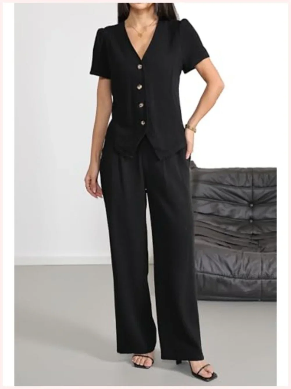 Women's Linen 2 Piece Outfit V Neck Short Sleeve Button Down Top Wide Leg Pant